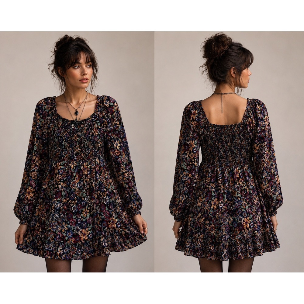 Oak & Trellis Floral Smocked Mini Dress XL Long Sleeve Square Neck Ruffle Hem